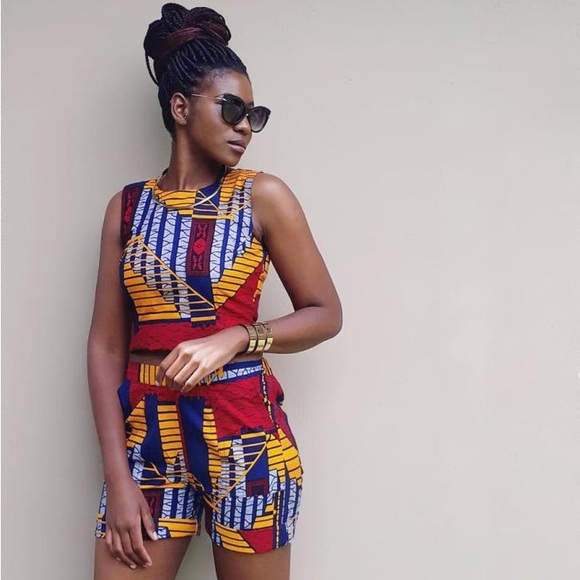 Beautiful Colorful African 2Pc Outfit Sleeveless Crop Top & Short W/ Pockets Set - Picture 2 of 12